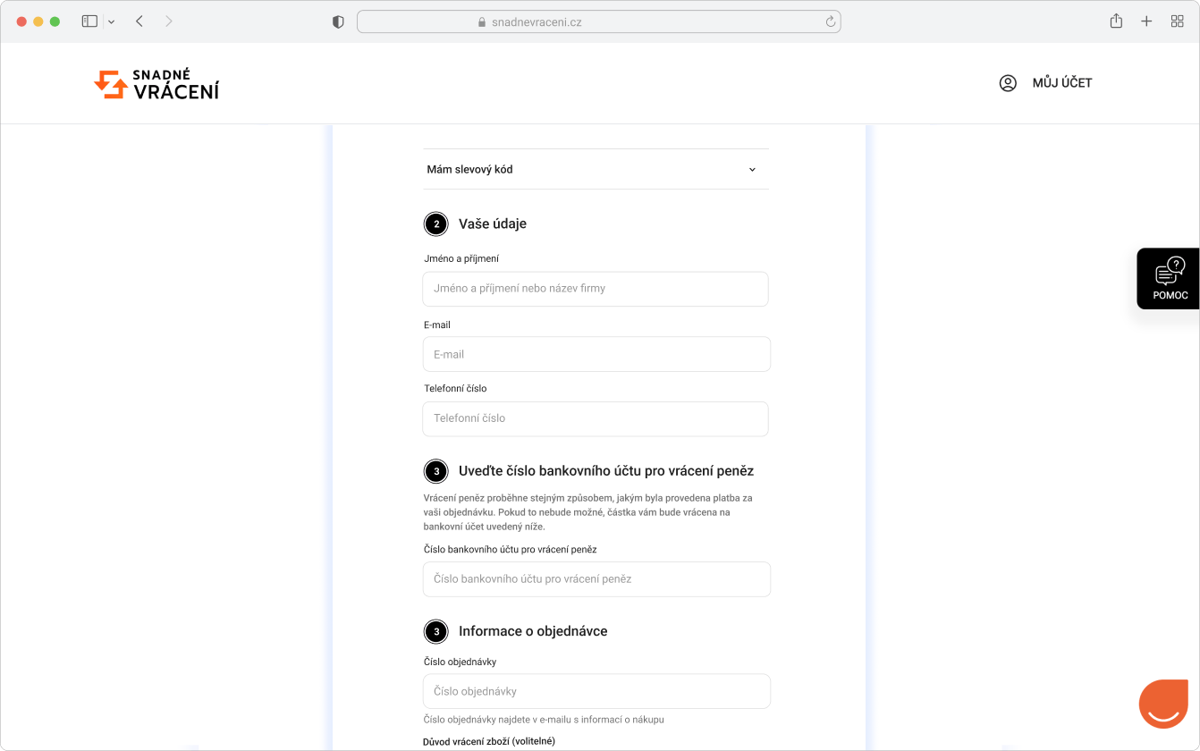 Formulář Snadného Vrácení přímo na stránkách vašeho e-shopu